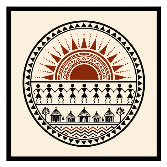 Experience the vibrancy of village life with this captivating Warli art print, where a radiant sun for lovely-house