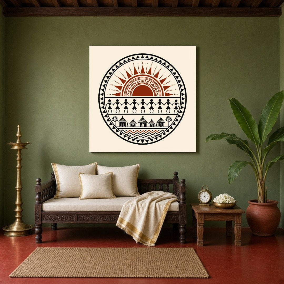 Experience the vibrancy of village life with this captivating Warli art print, where a radiant sun for Sitting Area