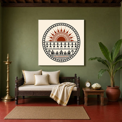 Experience the vibrancy of village life with this captivating Warli art print, where a radiant sun for Sitting Area
