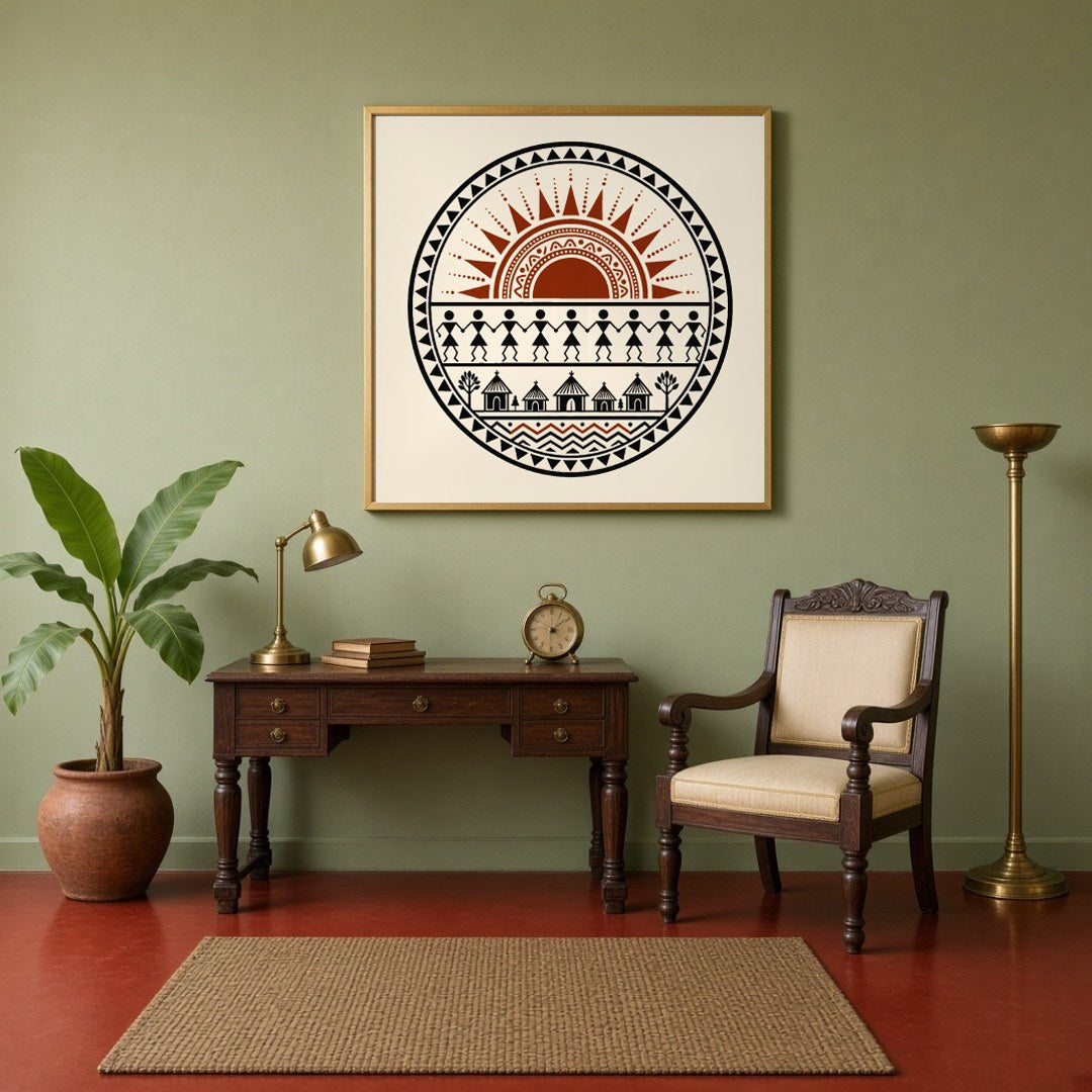 Experience the vibrancy of village life with this captivating Warli art print, where a radiant sun for Study