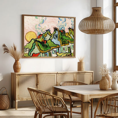 Immerse yourself in the rustic charm of a sunlit village with this captivating wall art piece. The for Dining