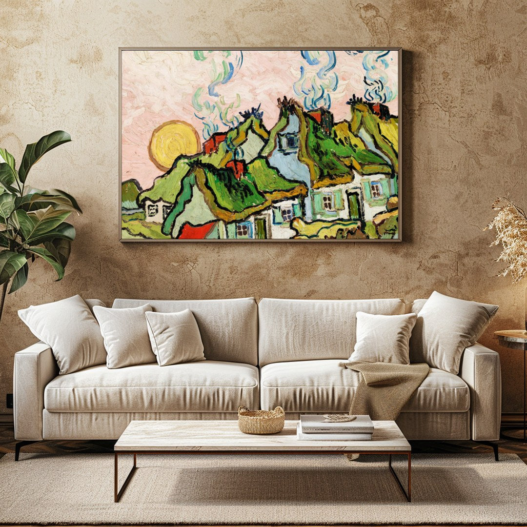 Immerse yourself in the rustic charm of a sunlit village with this captivating wall art piece. The for Family Room
