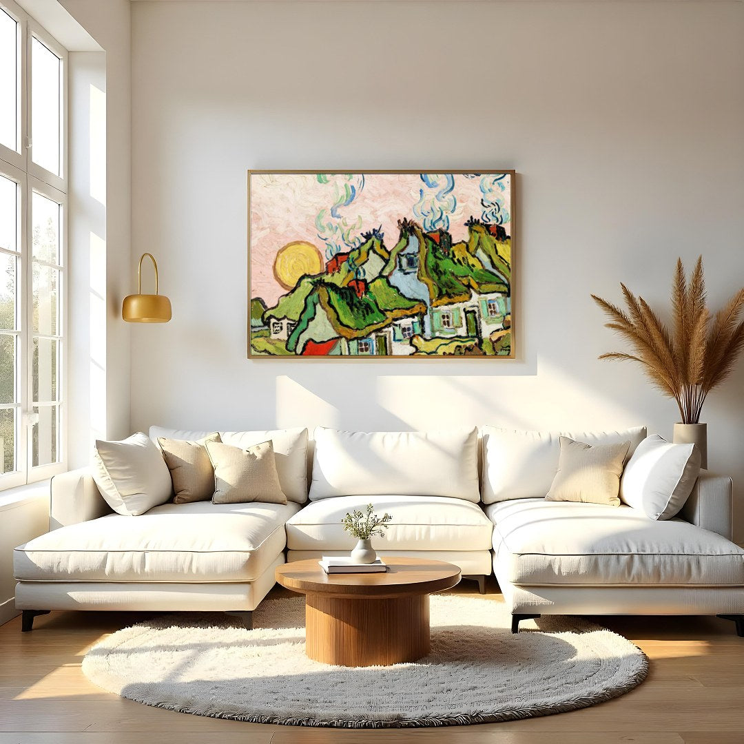 Immerse yourself in the rustic charm of a sunlit village with this captivating wall art piece. The for Living Room