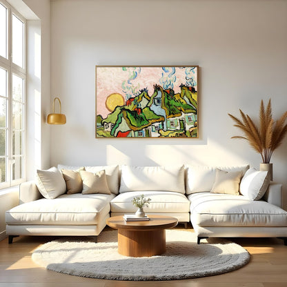 Immerse yourself in the rustic charm of a sunlit village with this captivating wall art piece. The for Living Room