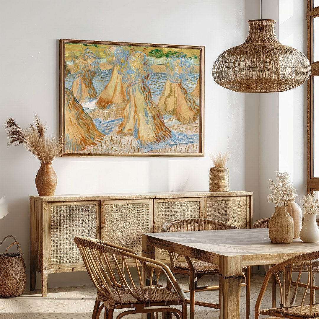 Experience the rustic charm of rural landscapes with 'Sunlit Wheat Sheaves Dance'. This artwork for Dining