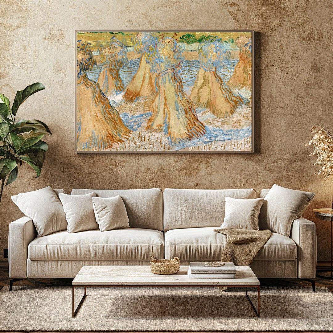 Experience the rustic charm of rural landscapes with 'Sunlit Wheat Sheaves Dance'. This artwork for Family Room