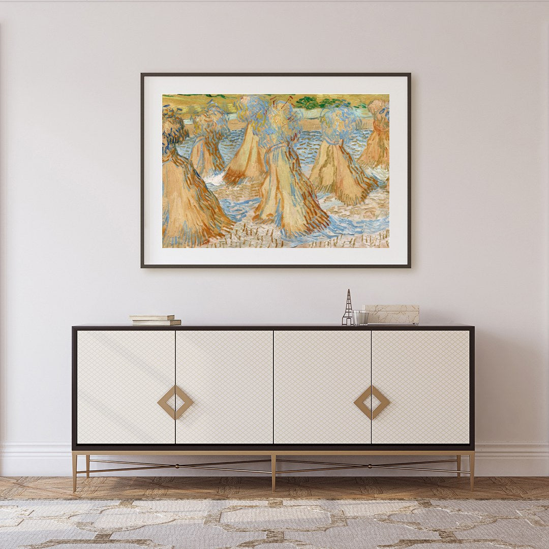 Experience the rustic charm of rural landscapes with 'Sunlit Wheat Sheaves Dance'. This artwork for Foyer
