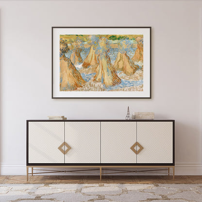 Experience the rustic charm of rural landscapes with 'Sunlit Wheat Sheaves Dance'. This artwork for Foyer