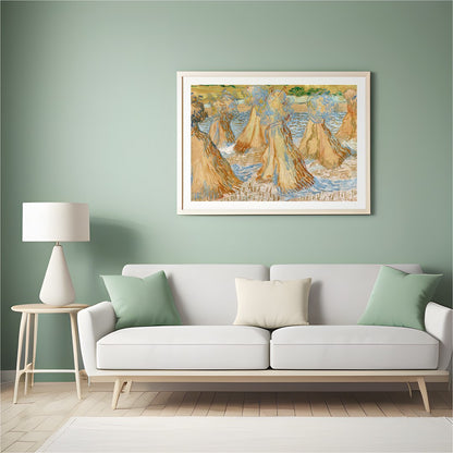 Experience the rustic charm of rural landscapes with 'Sunlit Wheat Sheaves Dance'. This artwork for Hall