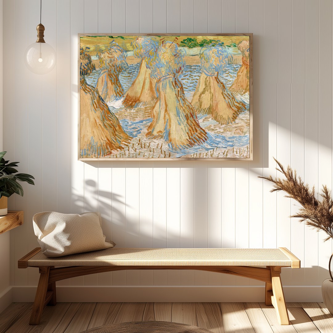 Experience the rustic charm of rural landscapes with 'Sunlit Wheat Sheaves Dance'. This artwork for Hallway