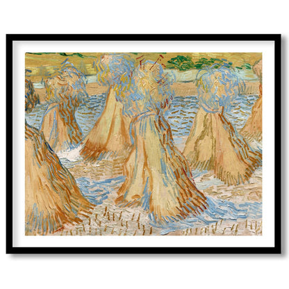 Experience the rustic charm of rural landscapes with 'Sunlit Wheat Sheaves Dance'. This artwork for interior