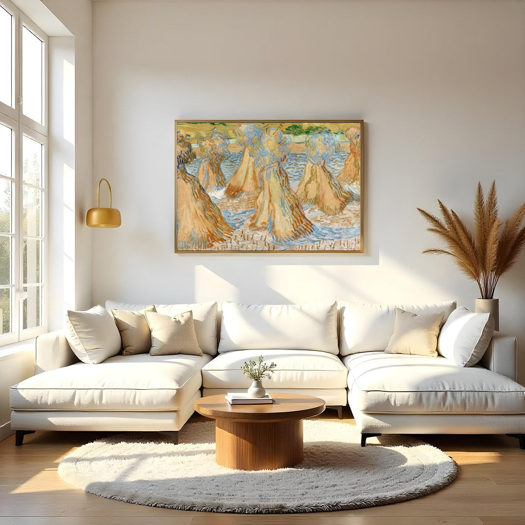 Experience the rustic charm of rural landscapes with 'Sunlit Wheat Sheaves Dance'. This artwork for Living Room