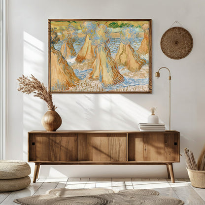 Experience the rustic charm of rural landscapes with 'Sunlit Wheat Sheaves Dance'. This artwork for Sitting Area