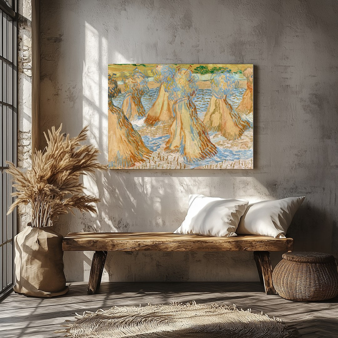 Experience the rustic charm of rural landscapes with 'Sunlit Wheat Sheaves Dance'. This artwork for Veranda
