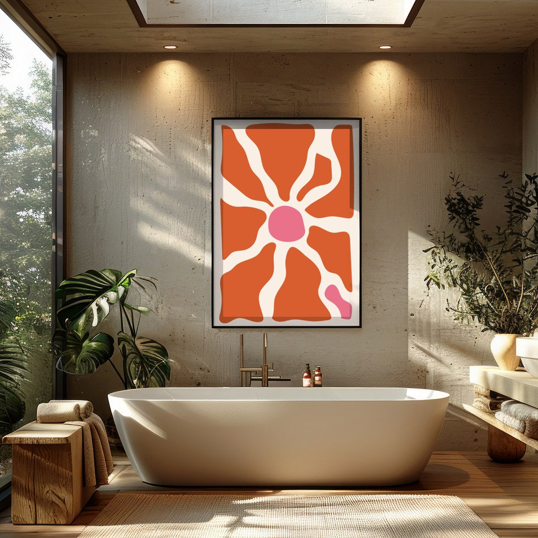 Elevate your space with this unique abstract piece, featuring terracotta and pink hues that conjure for Bathroom