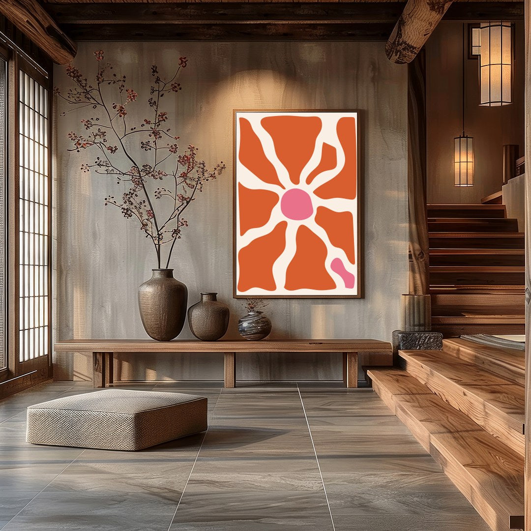 Elevate your space with this unique abstract piece, featuring terracotta and pink hues that conjure for Hall