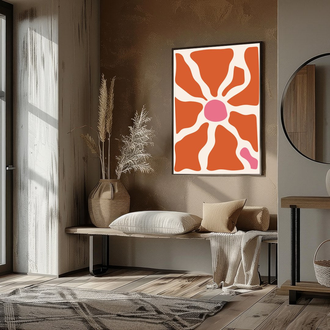 Elevate your space with this unique abstract piece, featuring terracotta and pink hues that conjure for interior