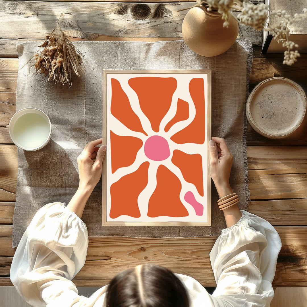 Elevate your space with this unique abstract piece, featuring terracotta and pink hues that conjure for Kitchen