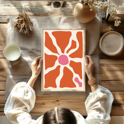 Elevate your space with this unique abstract piece, featuring terracotta and pink hues that conjure for Kitchen
