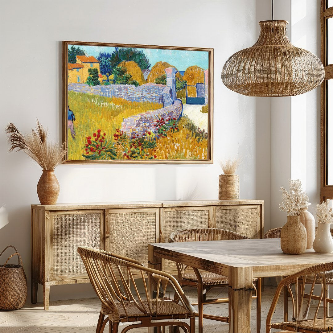This captivating artwork captures the serene beauty of rural life, featuring vibrant yellows and for Dining