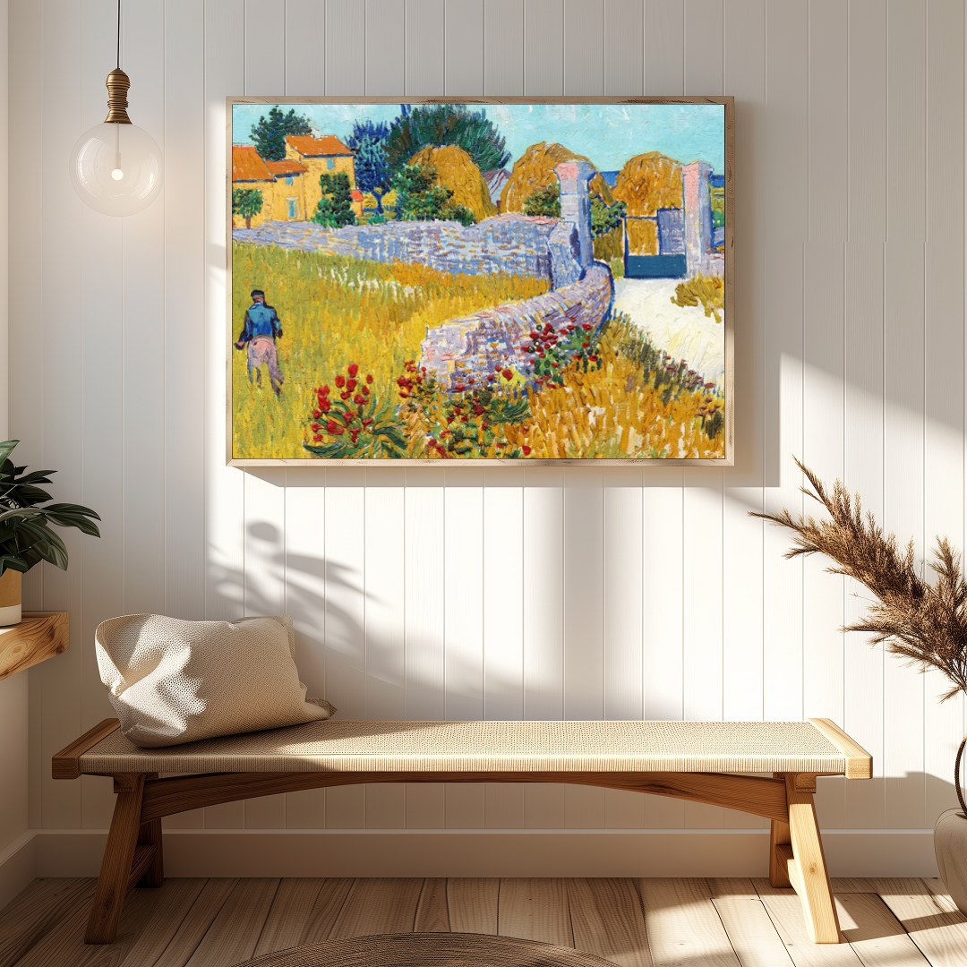 This captivating artwork captures the serene beauty of rural life, featuring vibrant yellows and for gallery