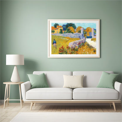 This captivating artwork captures the serene beauty of rural life, featuring vibrant yellows and for Hall