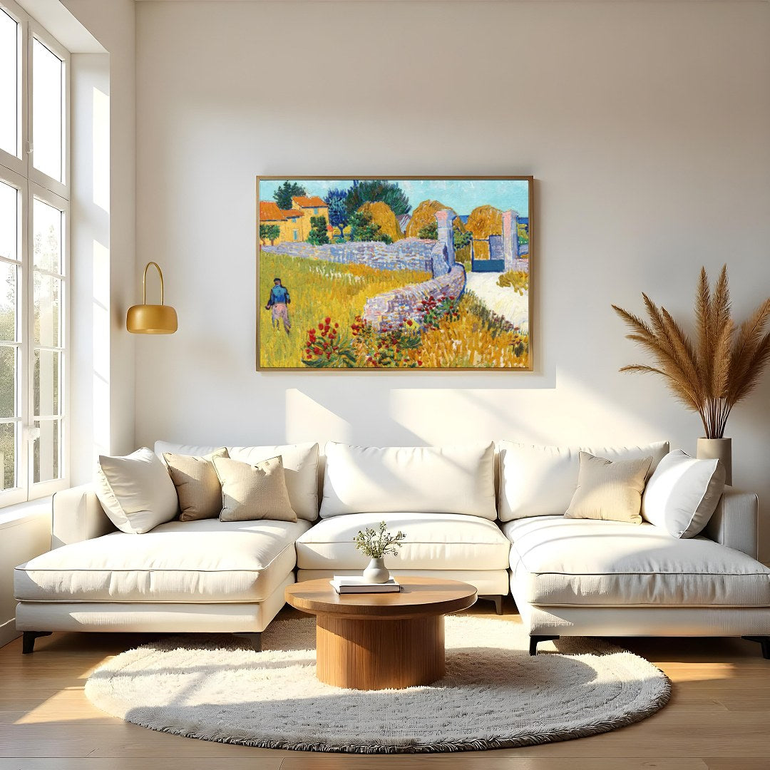 This captivating artwork captures the serene beauty of rural life, featuring vibrant yellows and for Living Room