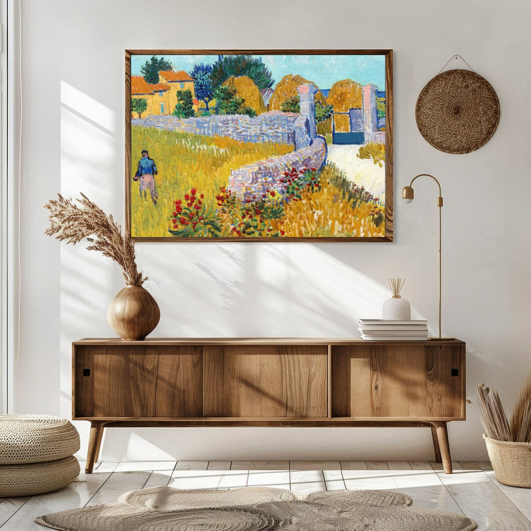 This captivating artwork captures the serene beauty of rural life, featuring vibrant yellows and for Sitting Area