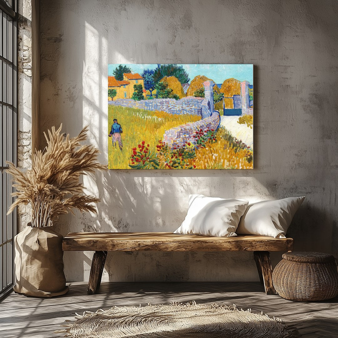 This captivating artwork captures the serene beauty of rural life, featuring vibrant yellows and for Veranda