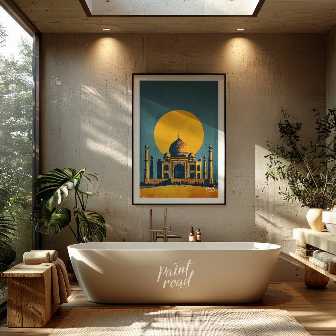 This striking image captures the iconic Taj Mahal bathed in the warm glow of a setting sun. The sil… for bathroom
