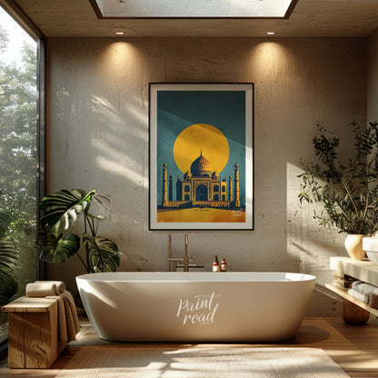 This striking image captures the iconic Taj Mahal bathed in the warm glow of a setting sun. The sil… for bathroom