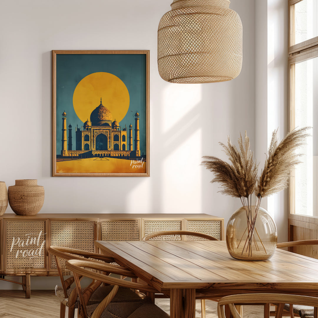 This striking image captures the iconic Taj Mahal bathed in the warm glow of a setting sun. The sil… for dining room