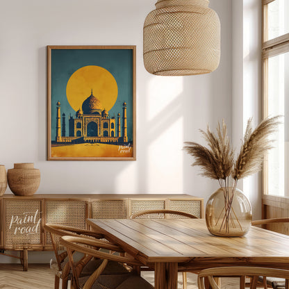 This striking image captures the iconic Taj Mahal bathed in the warm glow of a setting sun. The sil… for dining room