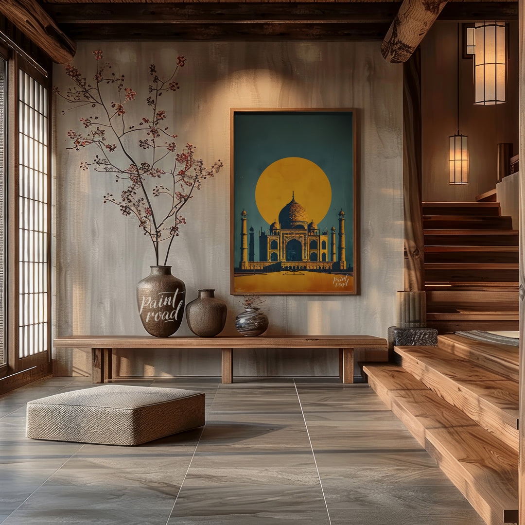 This striking image captures the iconic Taj Mahal bathed in the warm glow of a setting sun. The sil… for entryway