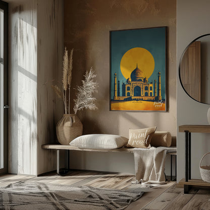 This striking image captures the iconic Taj Mahal bathed in the warm glow of a setting sun. The sil… for entryway