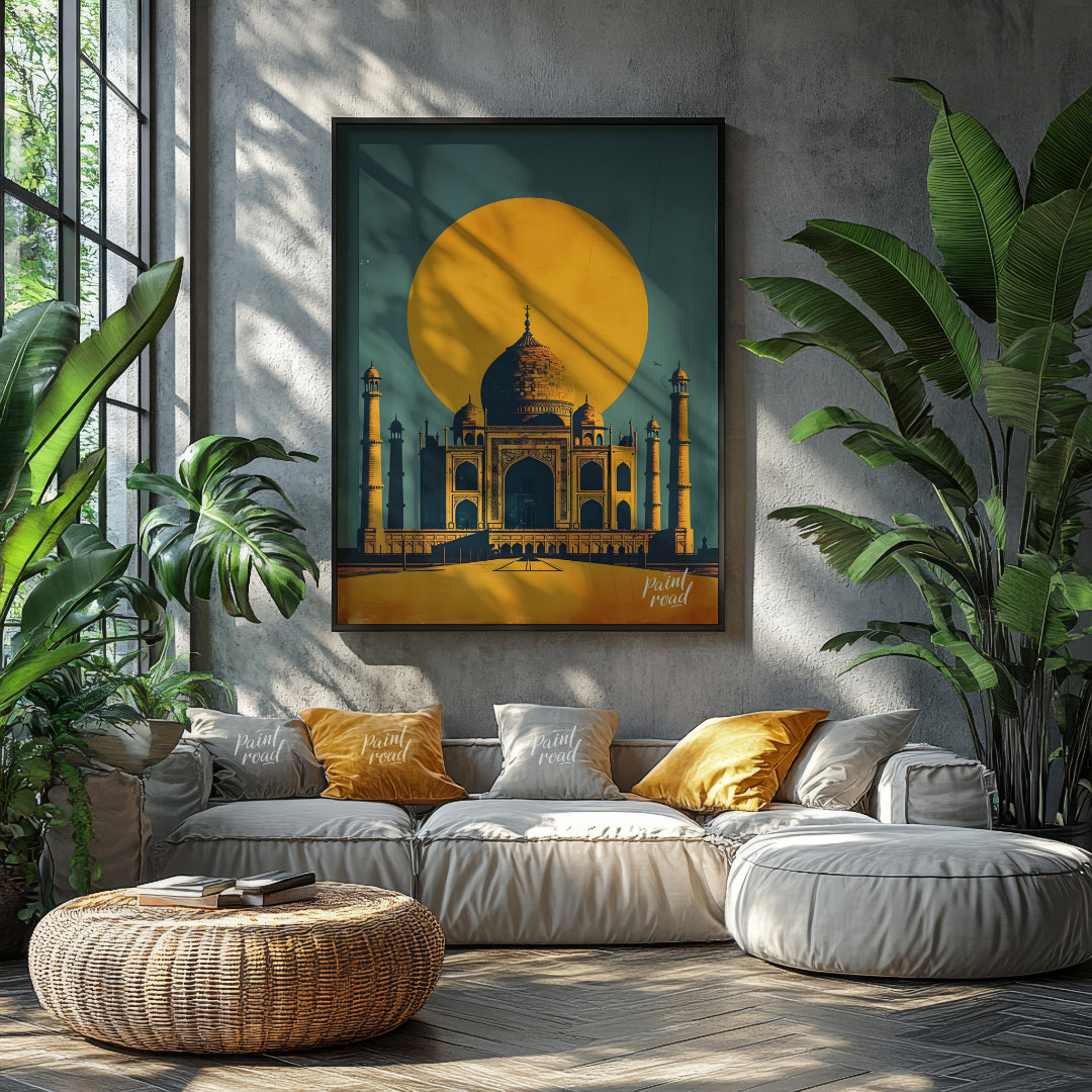 This striking image captures the iconic Taj Mahal bathed in the warm glow of a setting sun. The sil… for living room