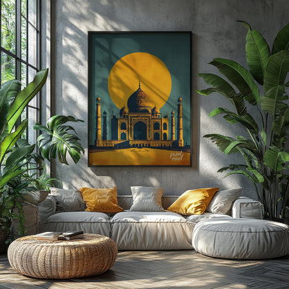 This striking image captures the iconic Taj Mahal bathed in the warm glow of a setting sun. The sil… for living room