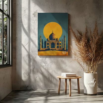 This striking image captures the iconic Taj Mahal bathed in the warm glow of a setting sun. The sil… for living room