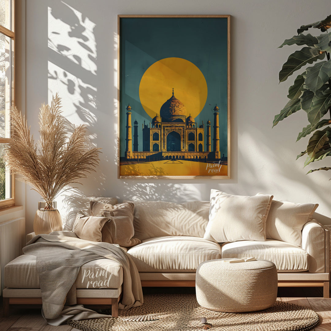 This striking image captures the iconic Taj Mahal bathed in the warm glow of a setting sun. The sil… for living room