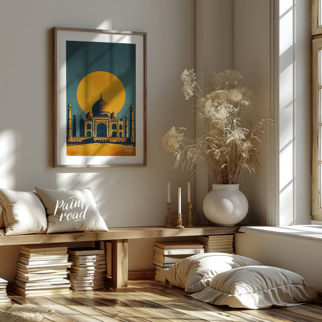 This striking image captures the iconic Taj Mahal bathed in the warm glow of a setting sun. The sil… for living room