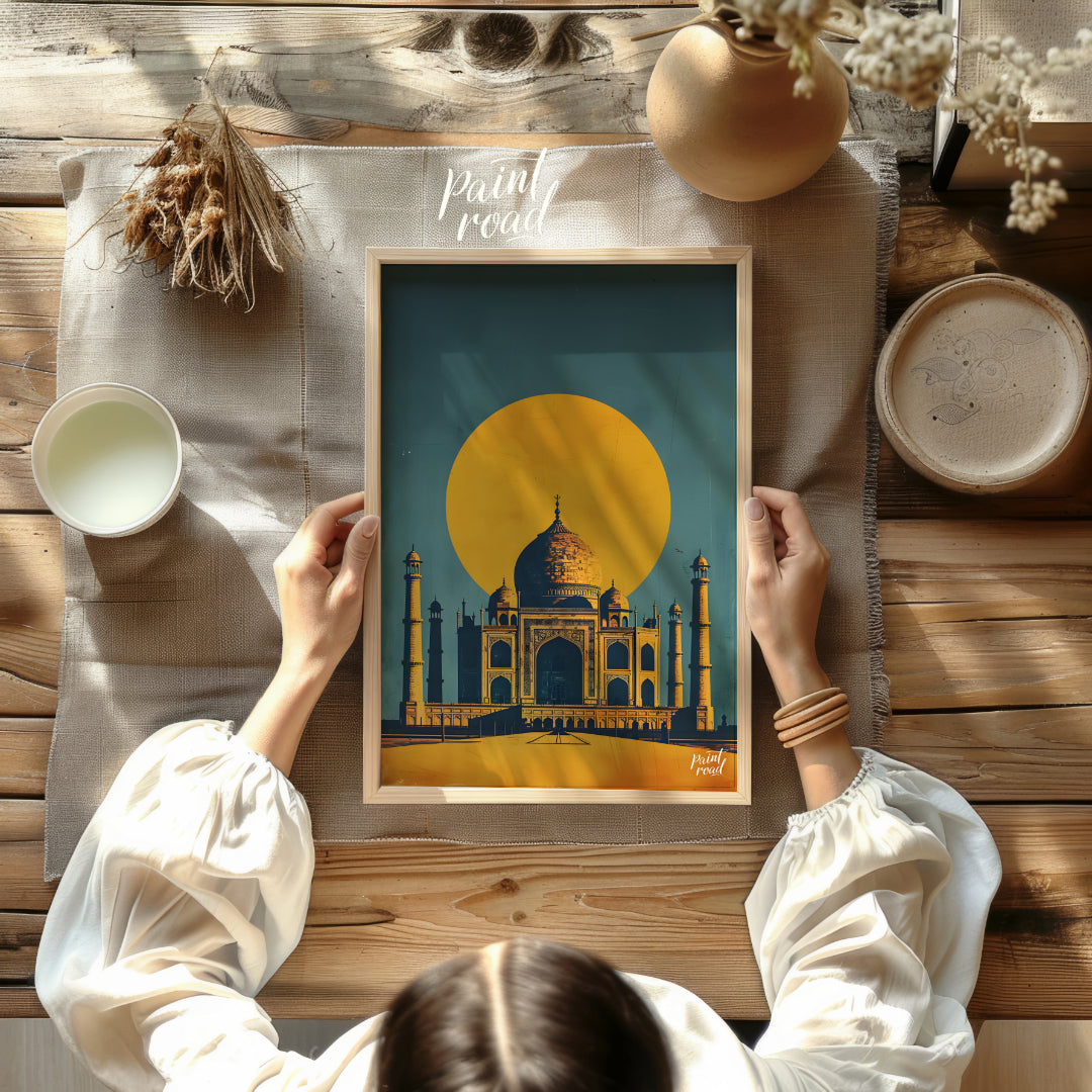 This striking image captures the iconic Taj Mahal bathed in the warm glow of a setting sun. The sil… for other