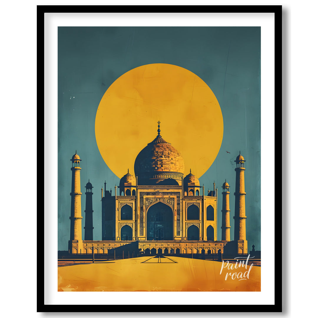 This striking image captures the iconic Taj Mahal bathed in the warm glow of a setting sun. The sil… for place
