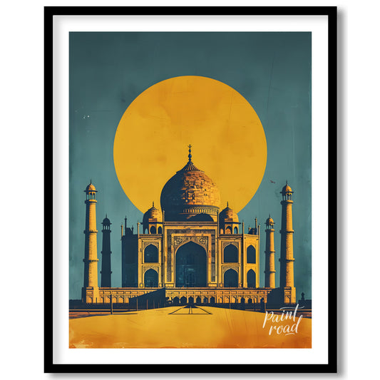 This striking image captures the iconic Taj Mahal bathed in the warm glow of a setting sun. The sil… for place