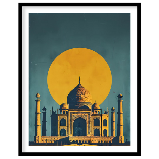 This striking image captures the iconic Taj Mahal bathed in the warm glow of a setting sun. The sil… for place