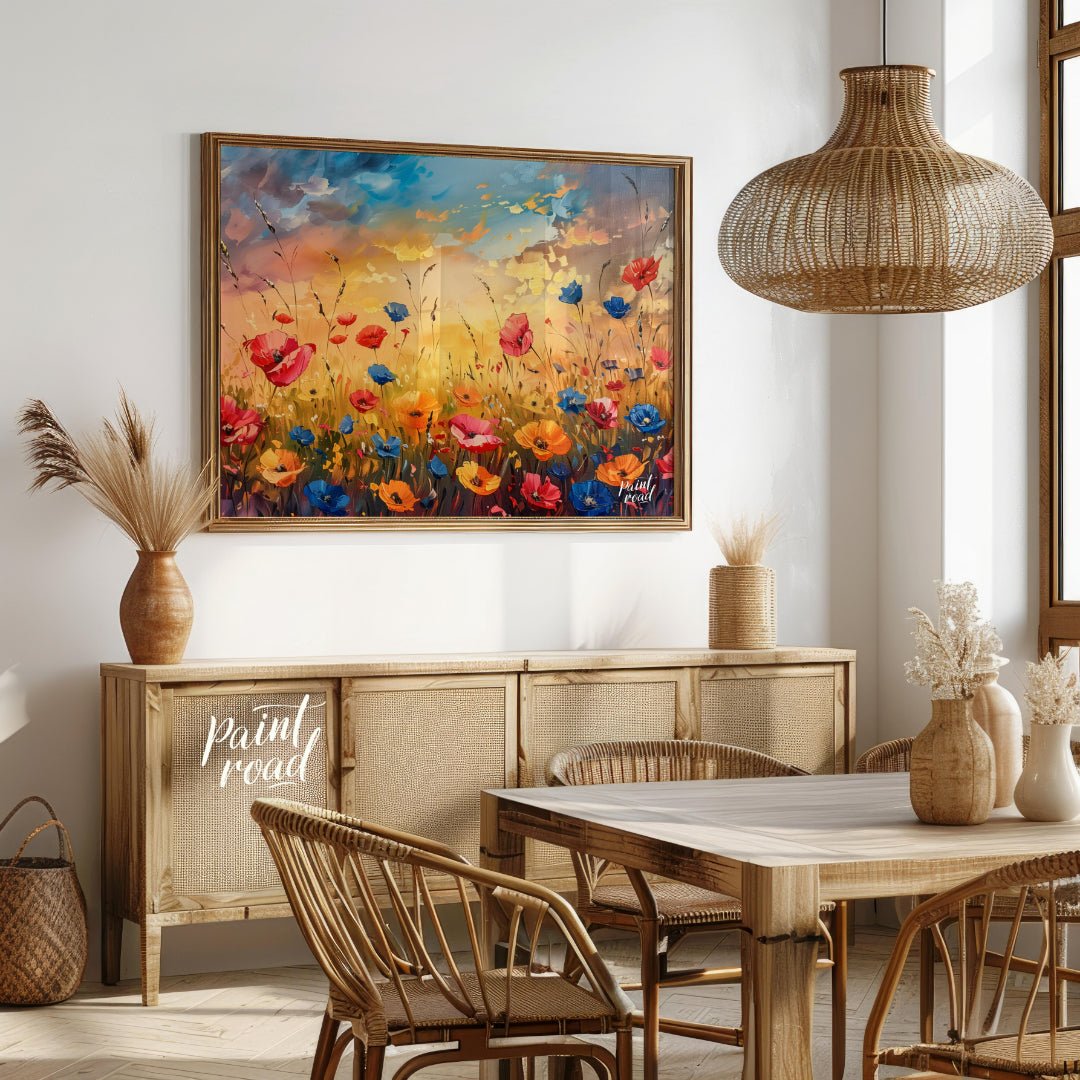 This vibrant digital painting captures a dynamic field of wildflowers against a dramatic sunset sky… for dining room