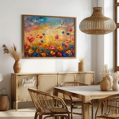 This vibrant digital painting captures a dynamic field of wildflowers against a dramatic sunset sky… for dining room