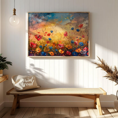 This vibrant digital painting captures a dynamic field of wildflowers against a dramatic sunset sky… for entryway