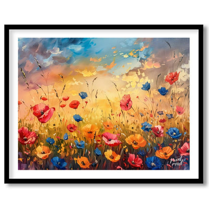 This vibrant digital painting captures a dynamic field of wildflowers against a dramatic sunset sky… for home