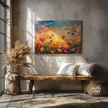 This vibrant digital painting captures a dynamic field of wildflowers against a dramatic sunset sky… for living room