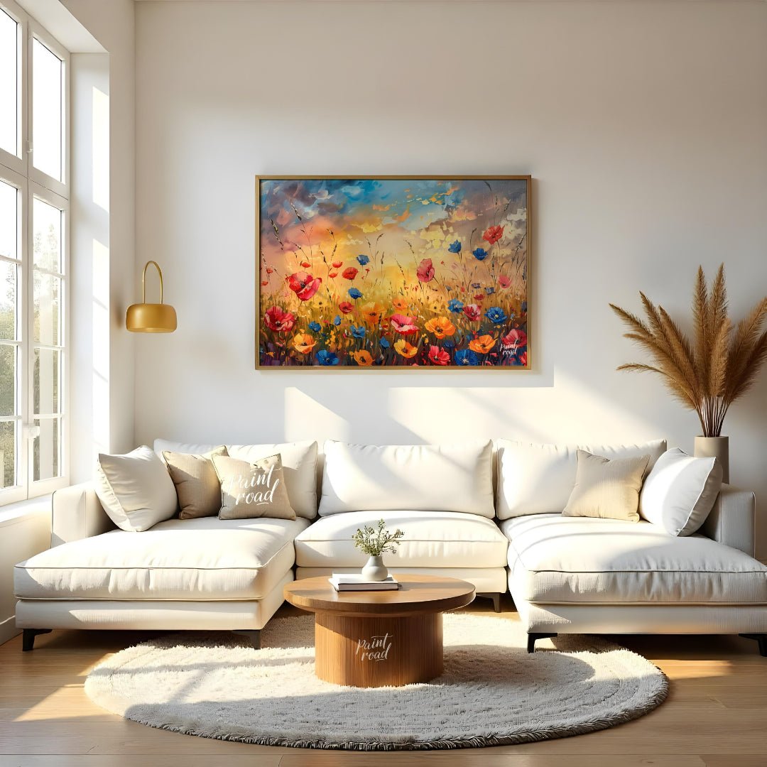 This vibrant digital painting captures a dynamic field of wildflowers against a dramatic sunset sky… for living room